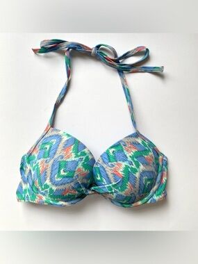 Aerie Push Up Bikini Top Halter Size 34C Green Blue Multi Color Abstract Print